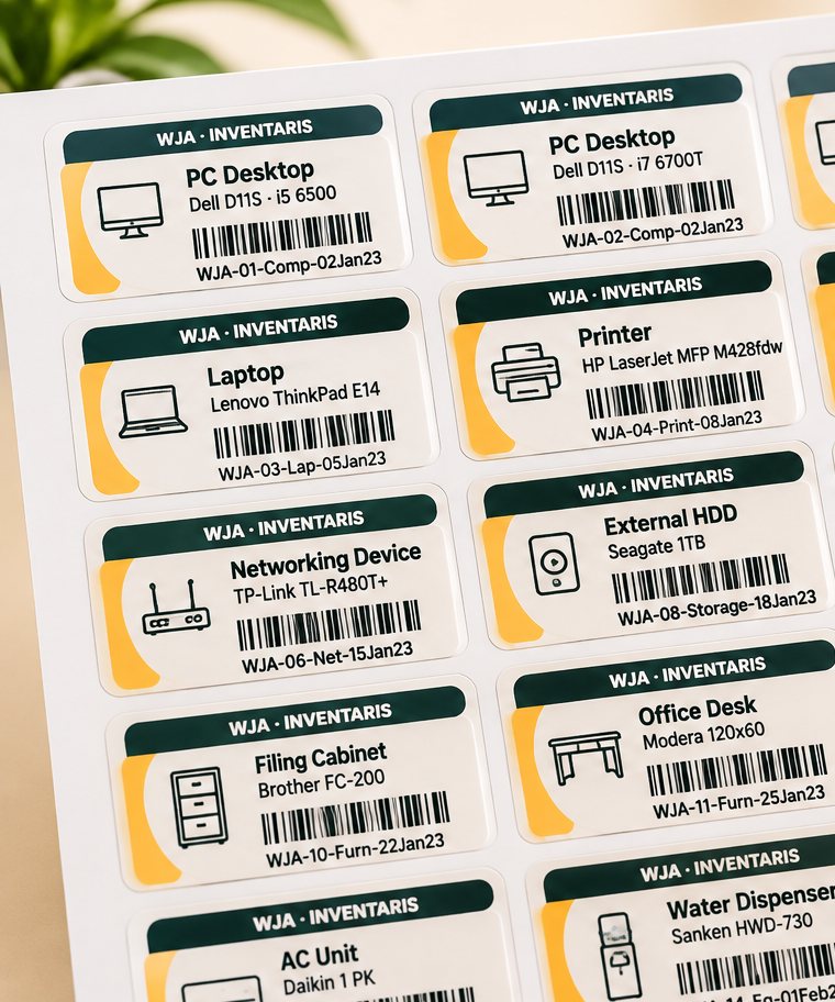 Office inventory labels with item names and barcodes