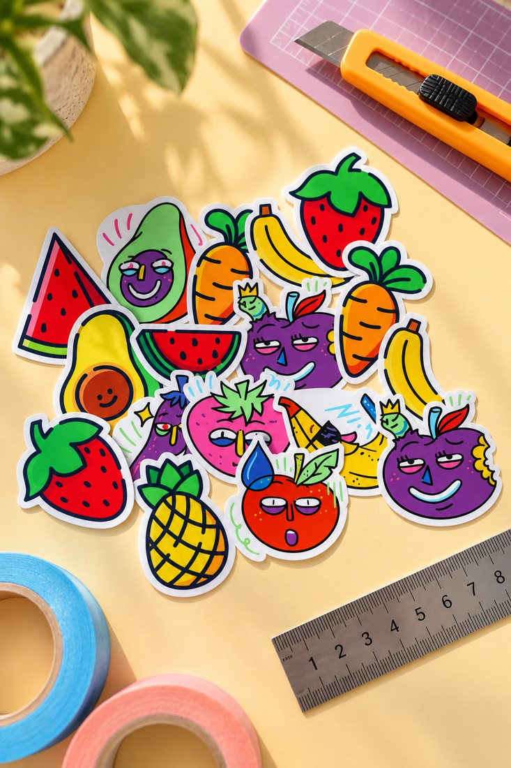 Die-cut vinyl fruit stickers printed by Printilery