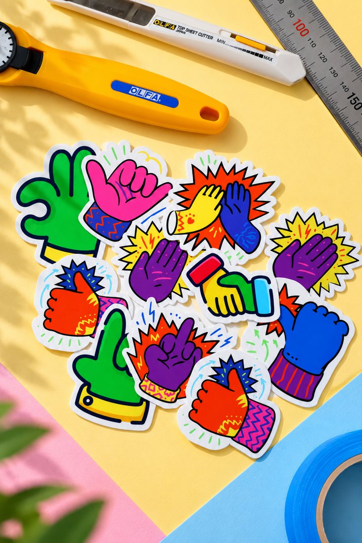 A pile of finished die-cut hand stickers