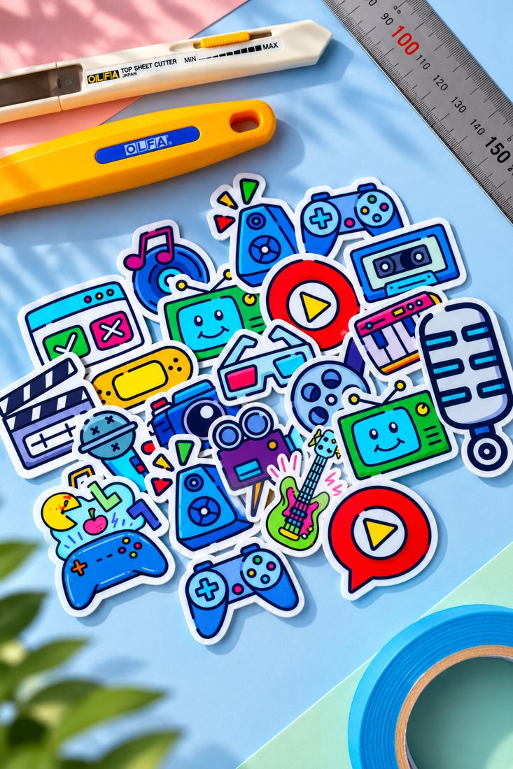 Die-cut vinyl stickers with music and game icons