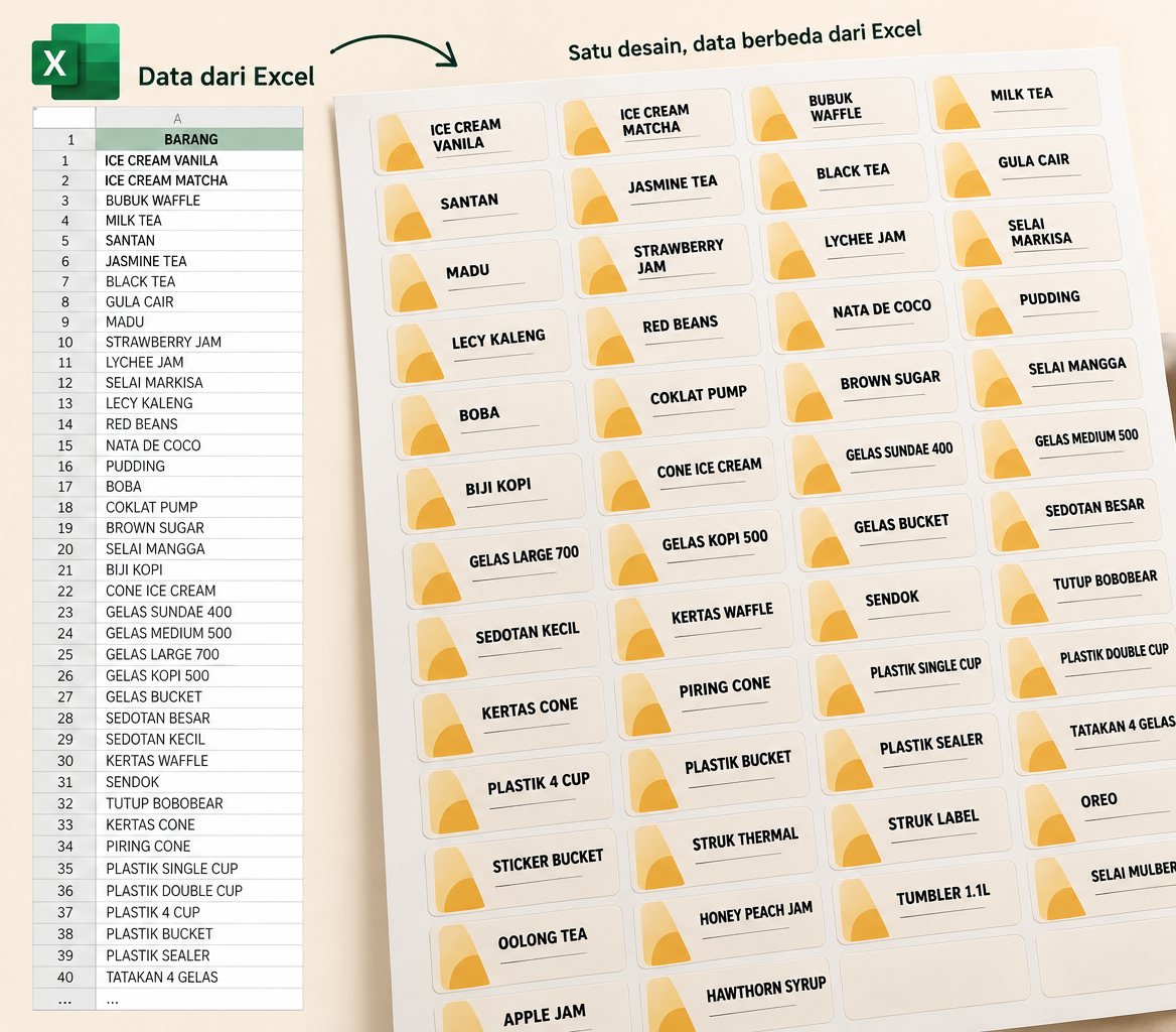 One label design filled with different item names from an Excel list
