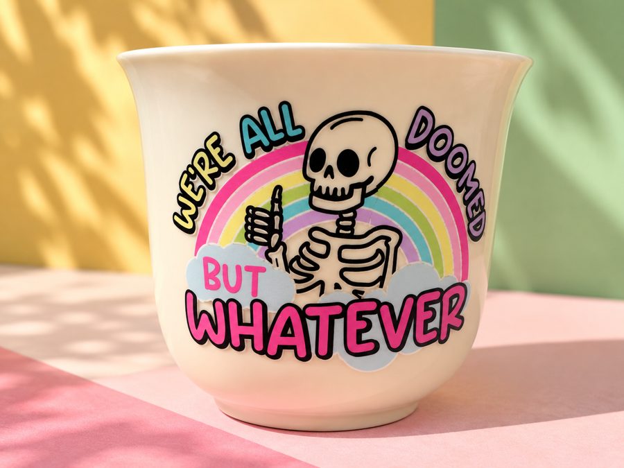 UV DTF skeleton print on a cream bowl