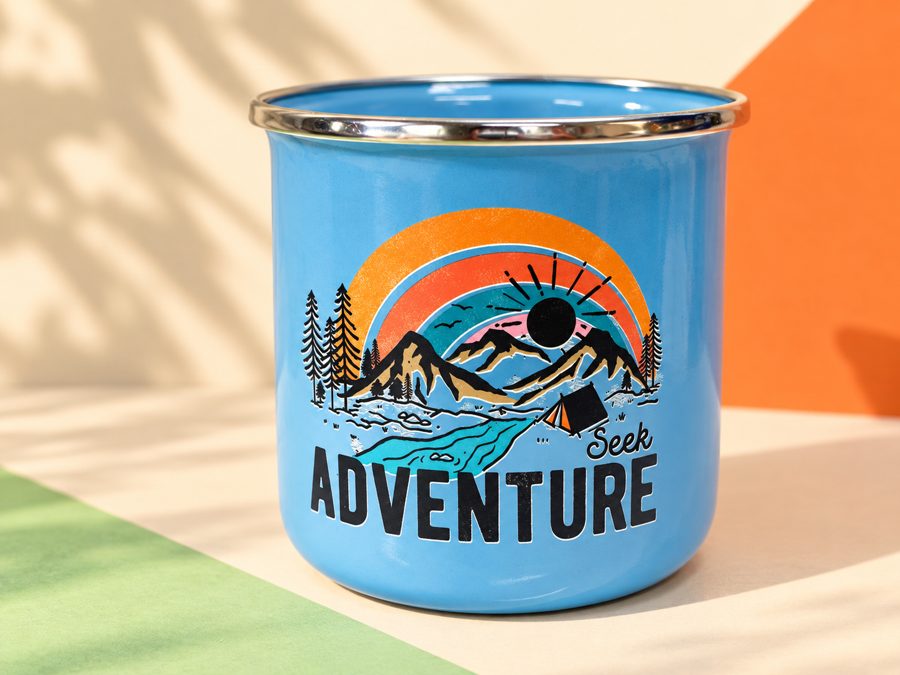 UV DTF print on a blue enamel mug
